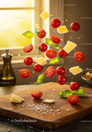 Fresh cherry tomatoes and cheese with basil leaves in motion