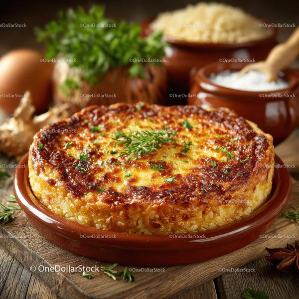 Golden Baked Potato Gratin with Herb Garnish in Rustic Dish