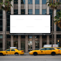 Urban Yellow Taxis Passing by Blank Billboard in City