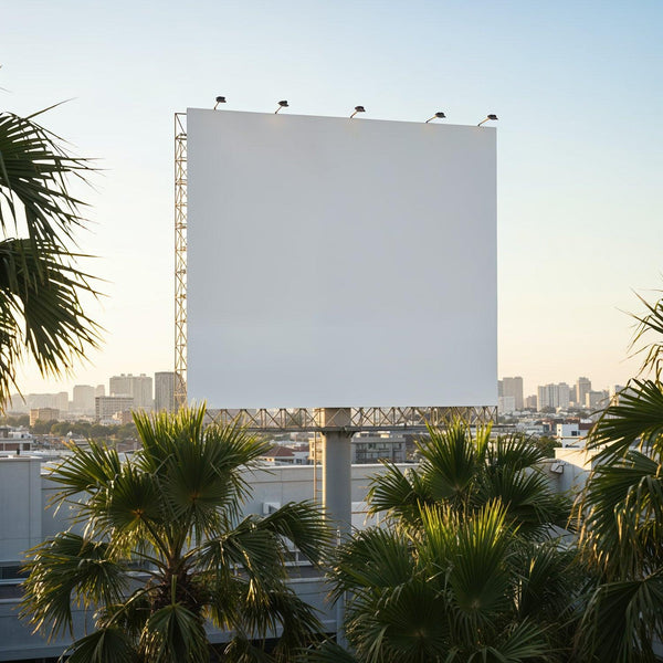 Blank billboard above city with palm trees at sunset JPG Mockup Image