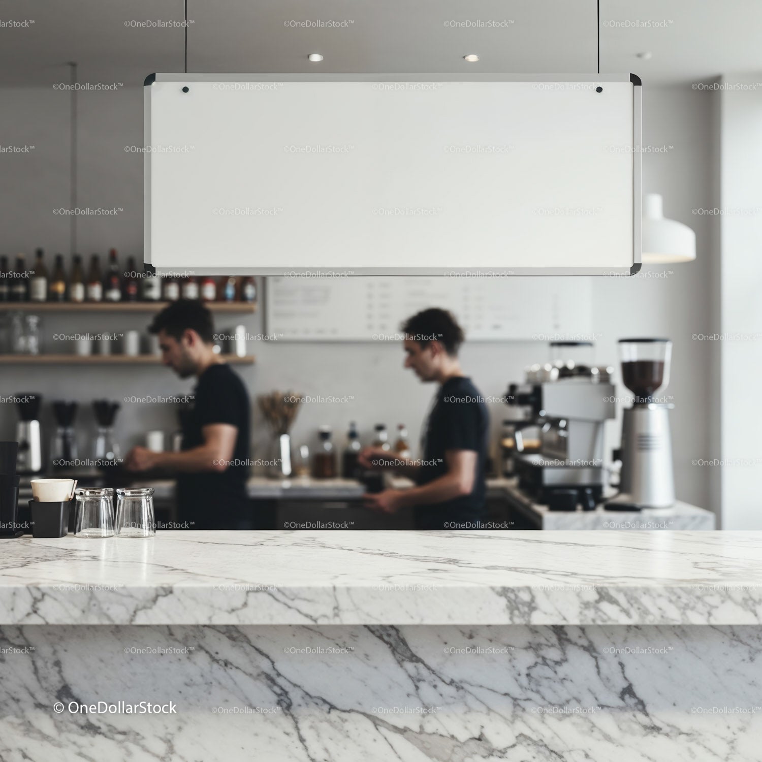 Minimalist coffee shop interior with marble counter and baristas