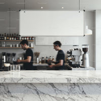 Minimalist coffee shop interior with marble counter and baristas
