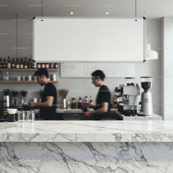 Minimalist coffee shop interior with marble counter and baristas JPG Mockup Image