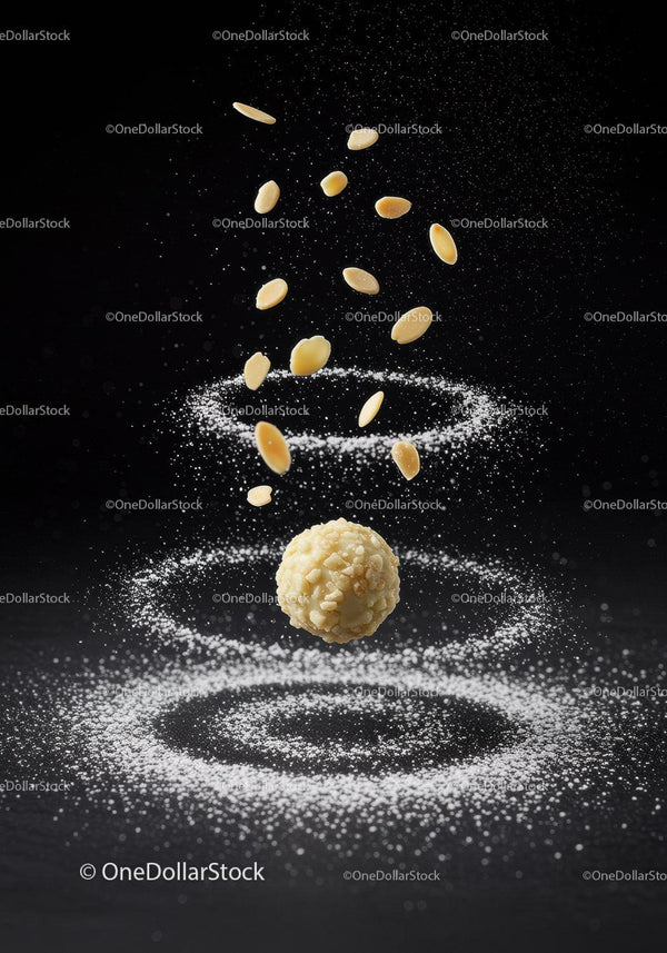 Almond coated dessert ball with floating almond slices