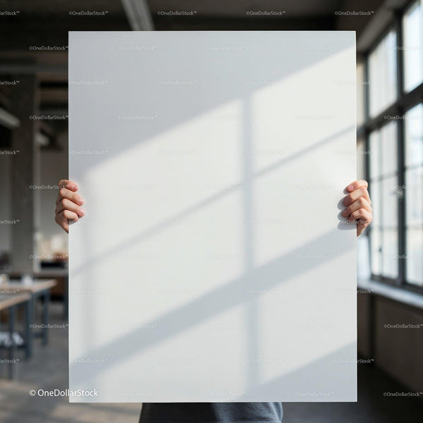 Person Holding Blank White Poster Board in Bright Office JPG Mockup Image