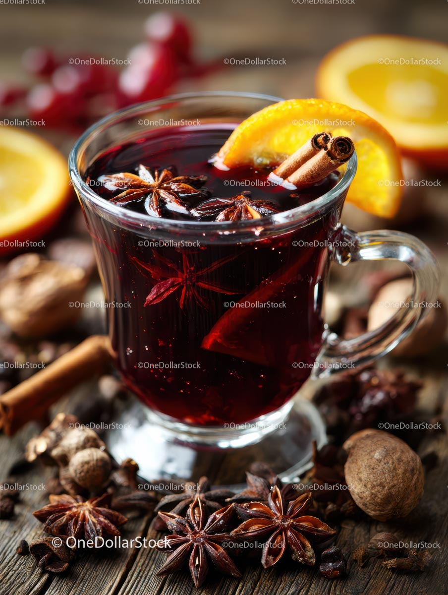Delicious Mulled Wine with Citrus and Spices in a Glass Mug