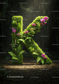 Mossy Letter K Adorned with Pink Orchids in Forest