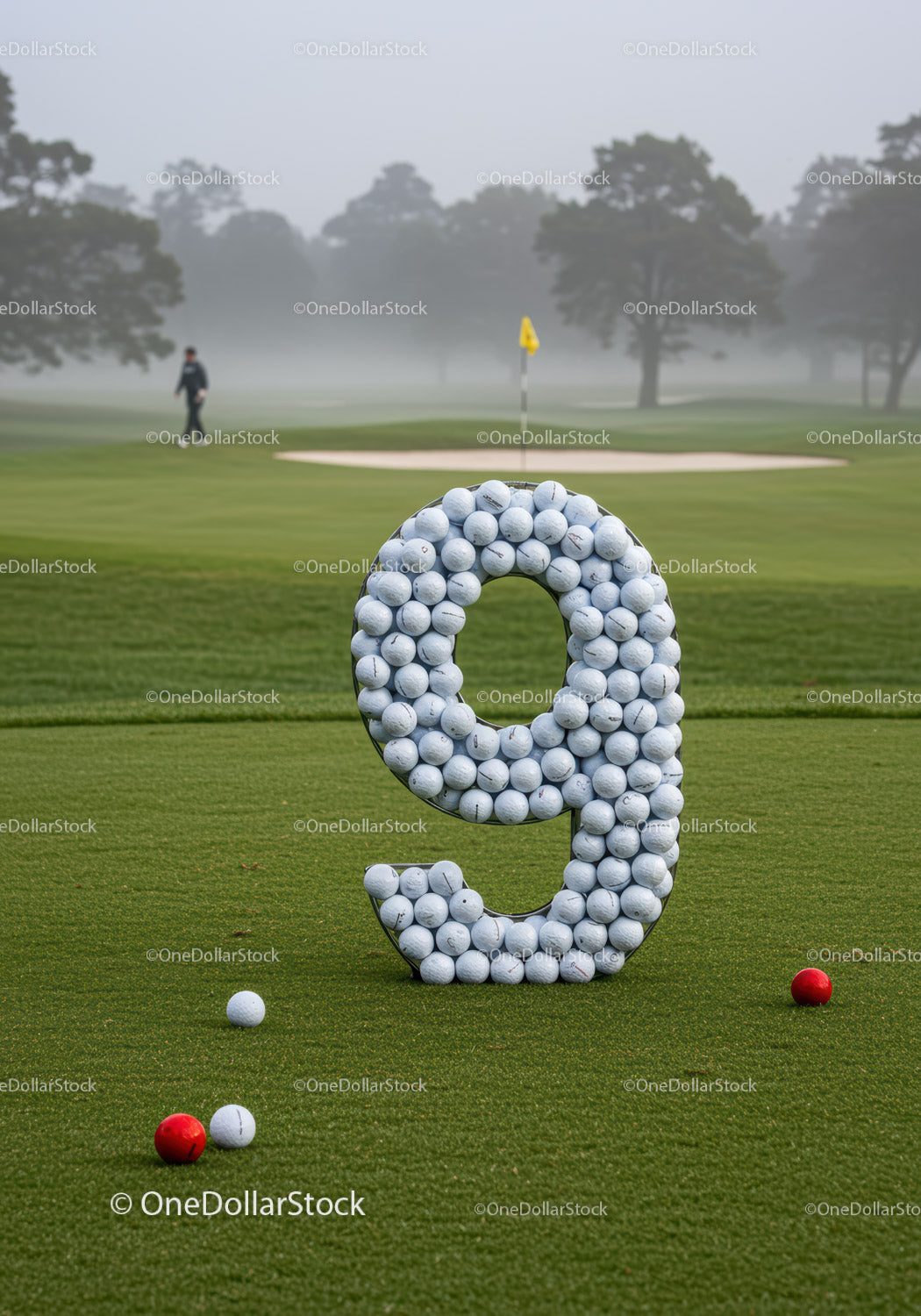 Golf course hole nine marked with golf balls on green