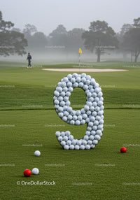 Golf course hole nine marked with golf balls on green