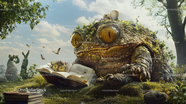 Large Moss-Covered Toad Reading With Figure