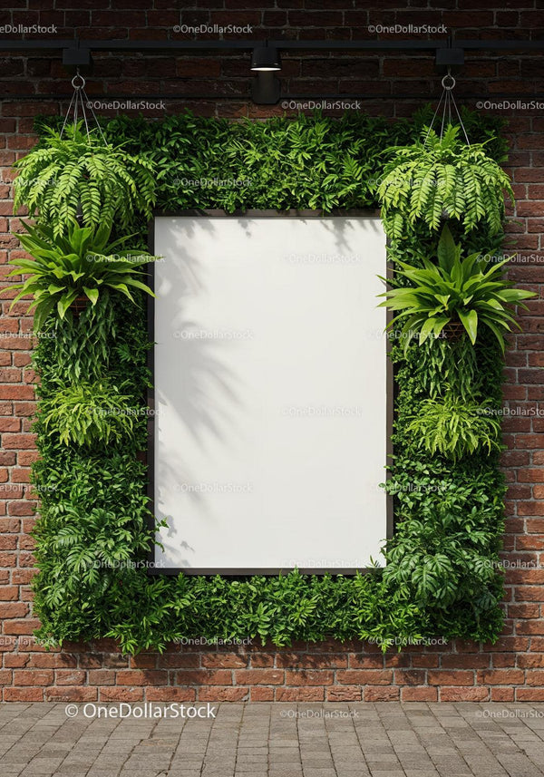 Blank white poster surrounded by lush green plants on brick wall JPG Mockup Image