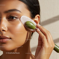 Woman Using Jade Roller for Facial Massage and Skin Refreshment
