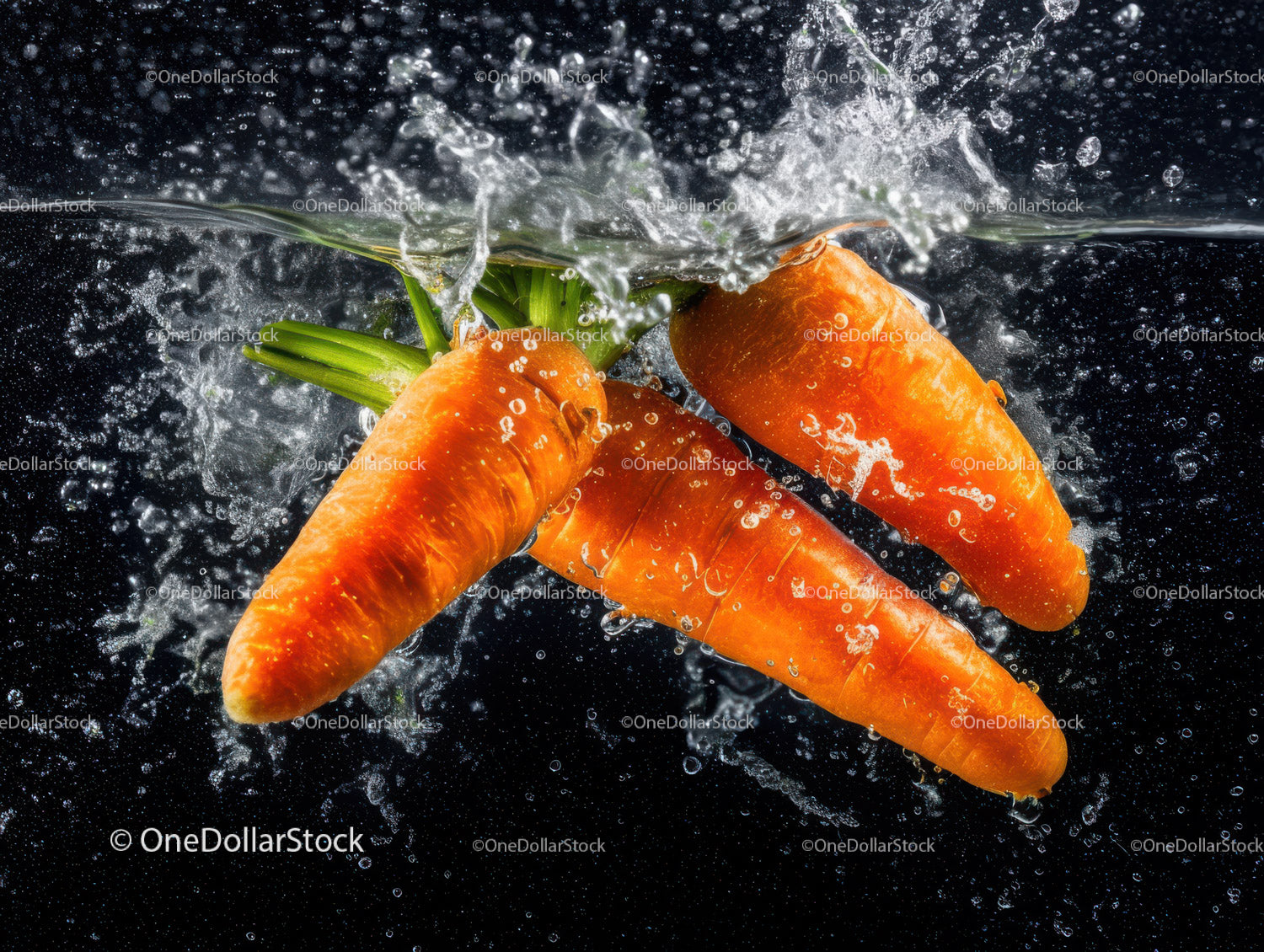 Fresh Orange Carrots in Water Splash with Green Tops