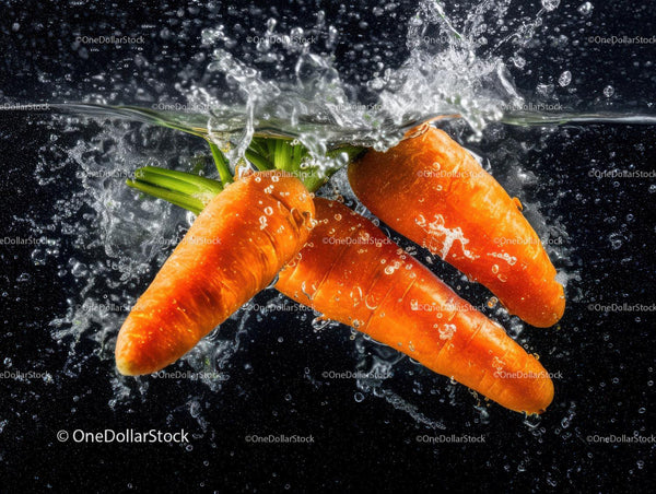 Fresh Orange Carrots in Water Splash with Green Tops