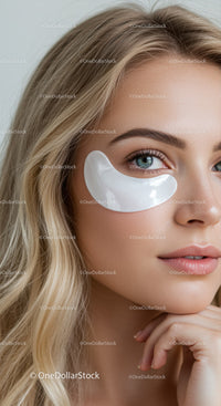 Young Woman with Blue Eyes and Under Eye Patches in Skincare Routine