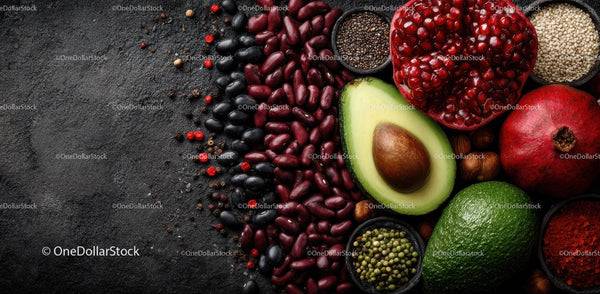 Fresh Organic Ingredients with Avocado and Pomegranate on Dark Surface