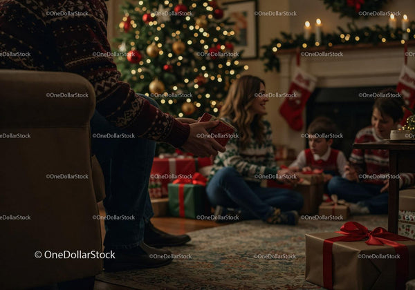 Family sharing Christmas gifts by decorated tree