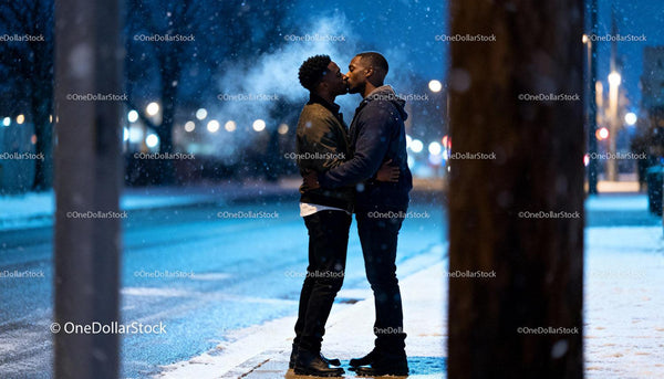 Couple Sharing a Tender Kiss in Snowy Night Cityscape