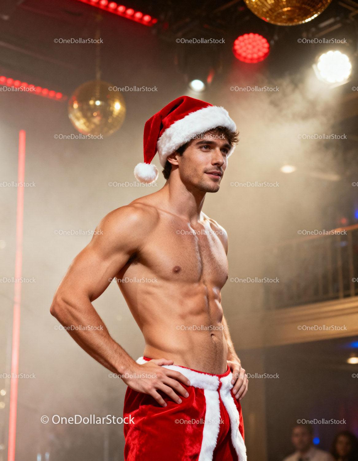 Fit man in Santa hat and festive pants in cozy club