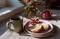 Morning Coffee and Toast with Pomegranate on Rustic Table