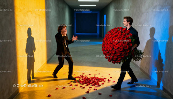 Man Surprised by Huge Bouquet of Red Roses