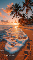 Tropical Beach Sunset with Palm Trees and Ocean Waves