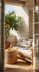 Cozy balcony nook with citrus tree and natural light