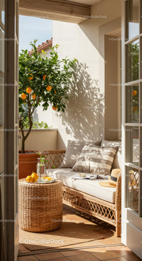 Cozy balcony nook with citrus tree and natural light