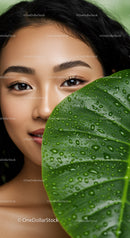 Portrait of a Woman with Lush Green Leaf and Water Droplets