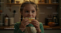 Girl Eating a Colorful Donut in a Cozy Kitchen