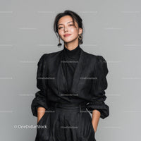 Stylish Woman in Black Outfit with Statement Earrings in Fashion Portrait