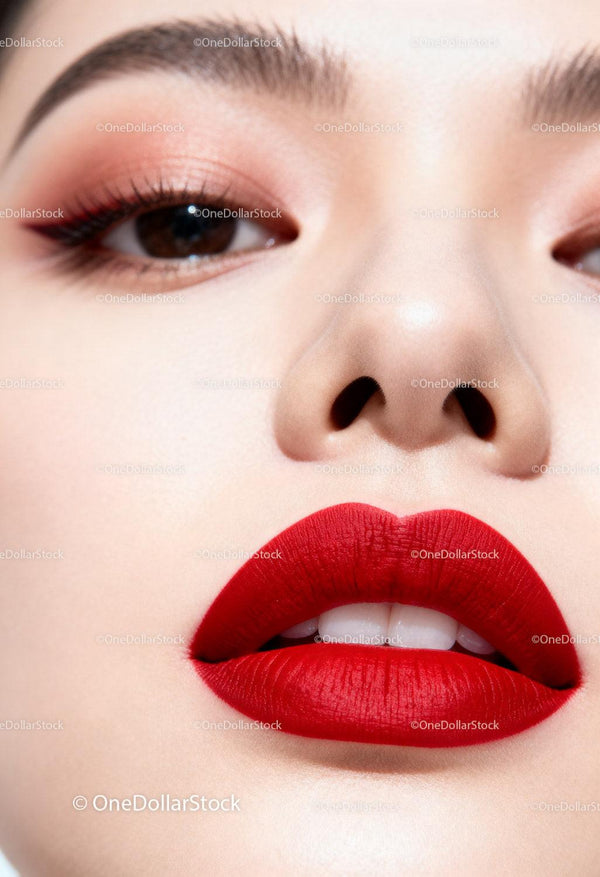 Close up of woman with bold red lipstick makeup