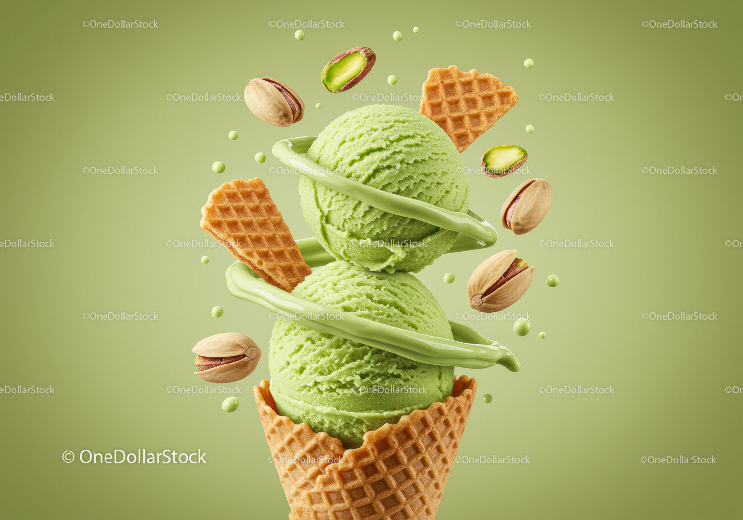 Two Scoops of Pistachio Ice Cream with Waffle Cones