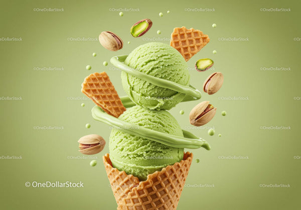 Two Scoops of Pistachio Ice Cream with Waffle Cones