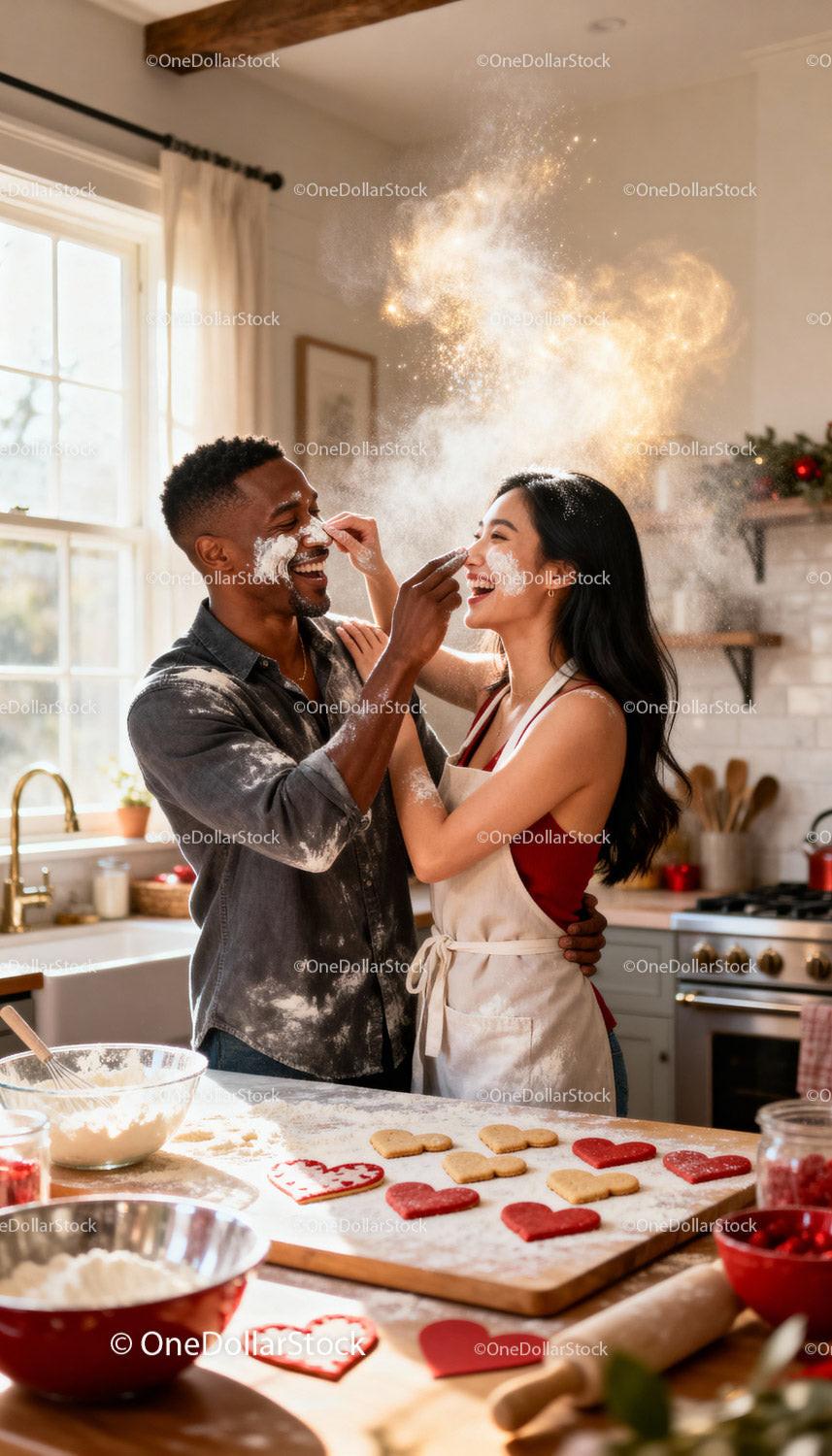 Couple Playfully Baking Heart Shaped Cookies Together