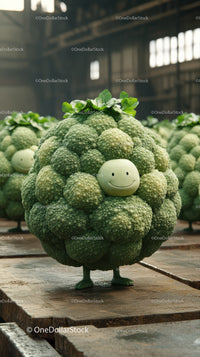 Whimsical Smiling Broccoli Character Sculpture in Indoor Farm Setting