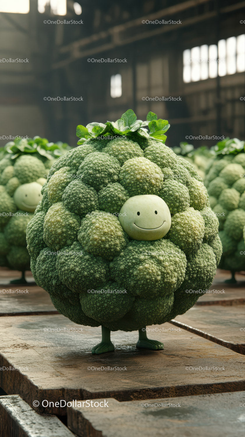 Whimsical Smiling Broccoli Character Sculpture in Indoor Farm Setting