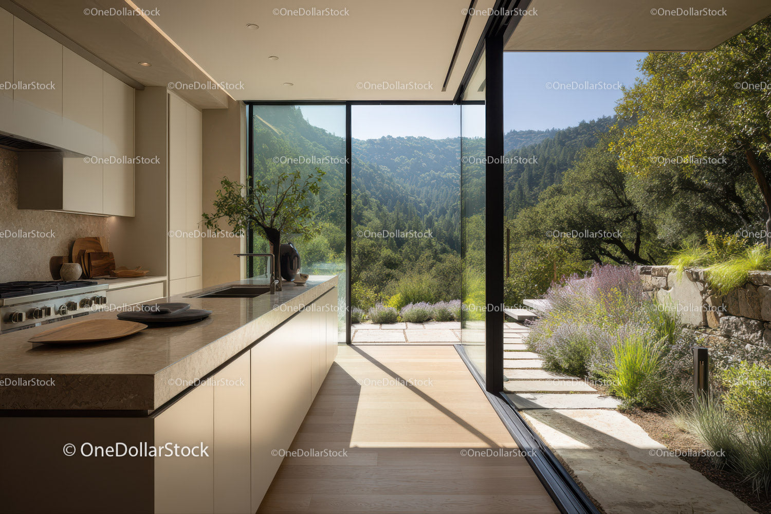 Modern Home Kitchen with Panoramic Mountain View and Natural Light
