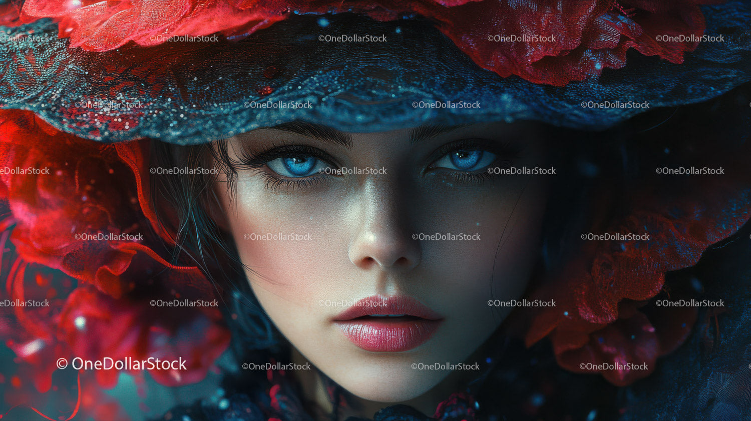 Vibrant Artistic Portrait of Woman with Blue Eyes and Red Flower Petals