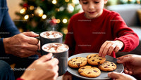 Child and family sharing cookies and hot cocoa by Christmas tree