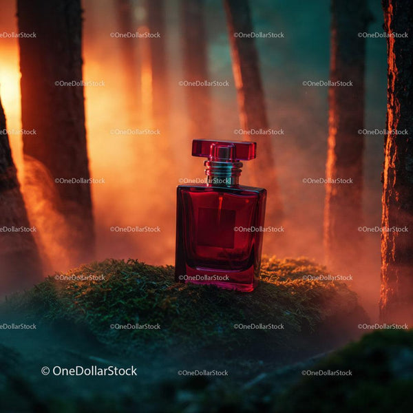 Red Perfume Bottle Surrounded by Forest at Sunset for Elegance and Mystery JPG Mockup Image