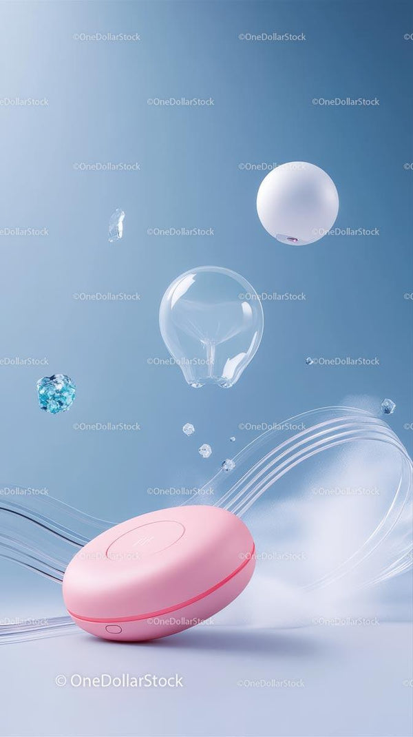 Wireless Pink Portable Speaker with Floating Spheres in Modern Studio