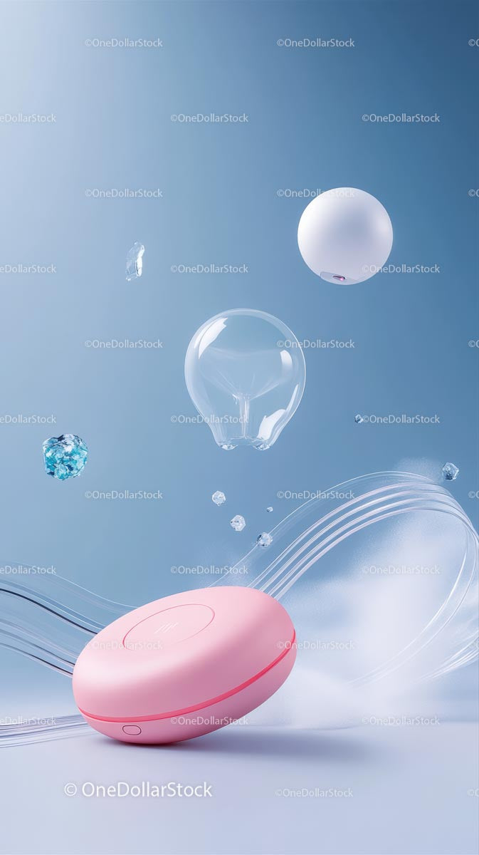 Wireless Pink Portable Speaker with Floating Spheres in Modern Studio