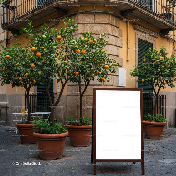 Orange Trees in Pots Along Mediterranean Street Corner JPG Mockup Image