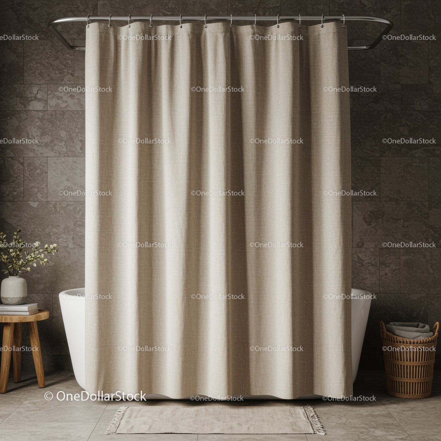 Beige Fabric Shower Curtain for Modern Bathroom Interior