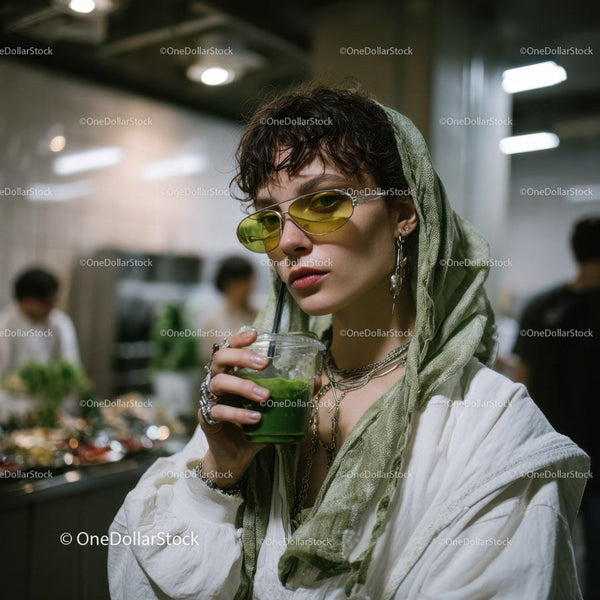 Fashionable Woman Drinking Green Mint Beverage in Urban Cafe