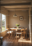 Bright dining room with natural sunlight and wooden furniture