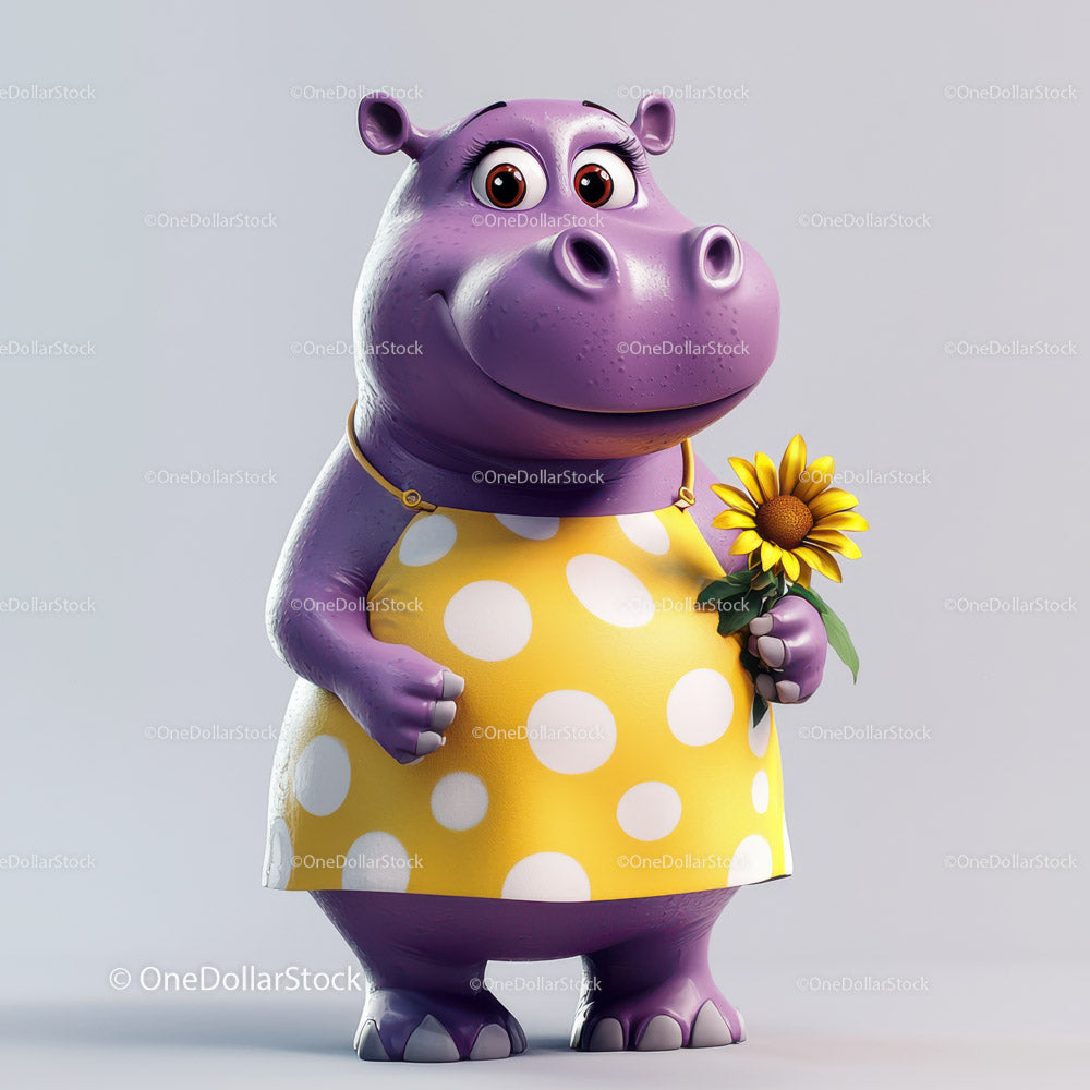 Cute Cartoon Hippo Holding Sunflower in Yellow Dress for Kids Illustration