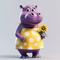 Cute Cartoon Hippo Holding Sunflower in Yellow Dress for Kids Illustration