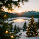 Winter sunset over snowy landscape with decorated pine tree